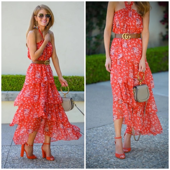 NEW MISA Los Angeles Halter Neck Ruffle Tiered Floral Maxi Dress Red Boho Summer - Picture 12 of 16